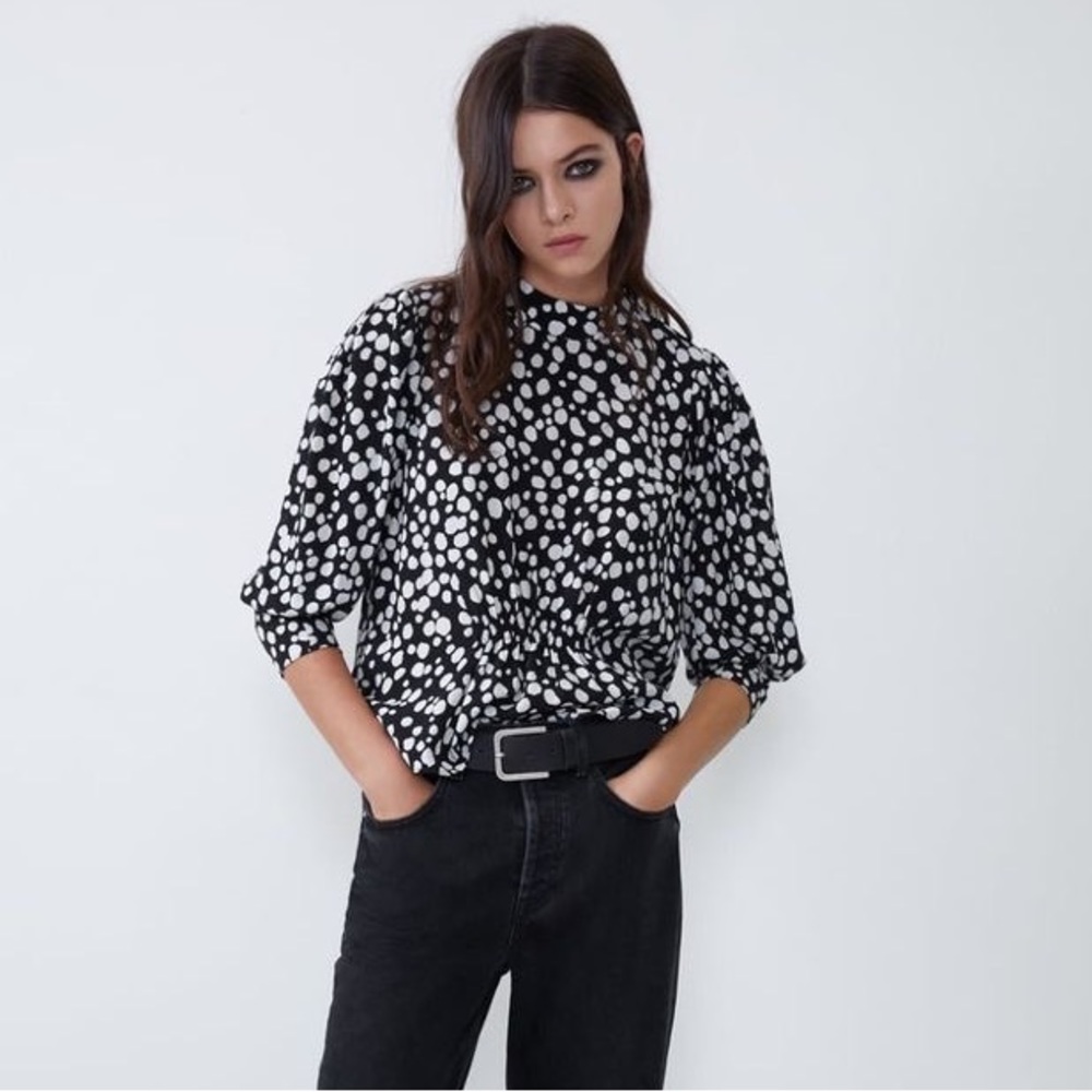 Zara Black White Polka Dot Blouse Gathered Waist - Medium